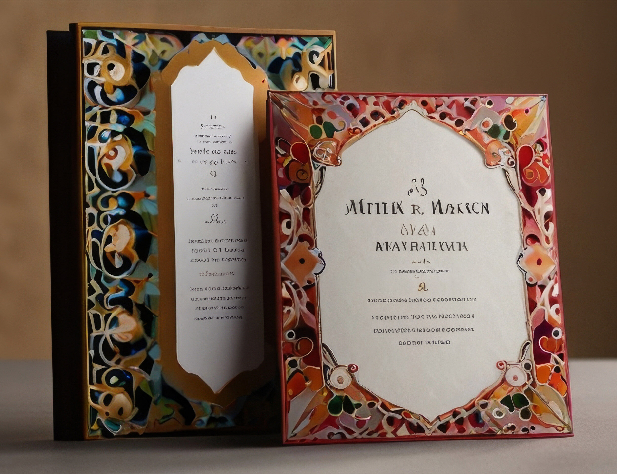 Luxurious Indian wedding invitation cards with ornate multicolour borders and traditional calligraphy design.